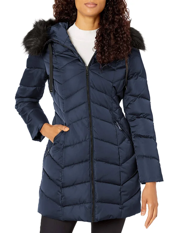 Tahari Gwen Womens Faux Fur Trim Midi Down Coat - Galaxy