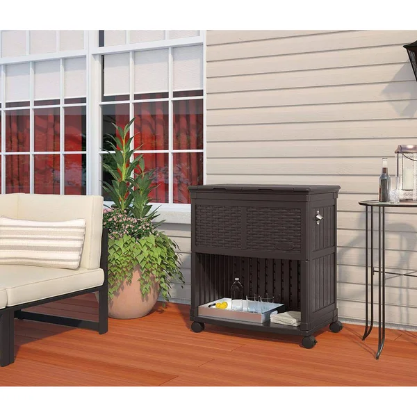 Suncast Outdoor Patio Deck Resin Entertaining Cooler Station Java 4 Pack