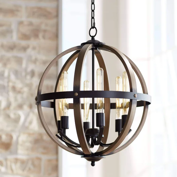 Franklin Iron Works Kimpton Dark Bronze Wood Orb Chandelier 21x22 Wide Rustic Farmhouse LED 6-Light Fixture for Dining Room Hous