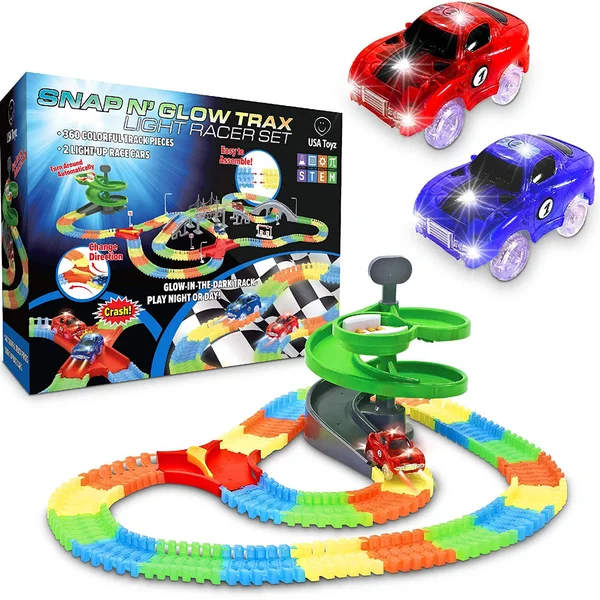 Glow Race Tracks for Boys 360pk Flexible Glow in The Dark Magic Snap Race Tracks for Kids w/ Light Up Car Toys, Car Racing Track
