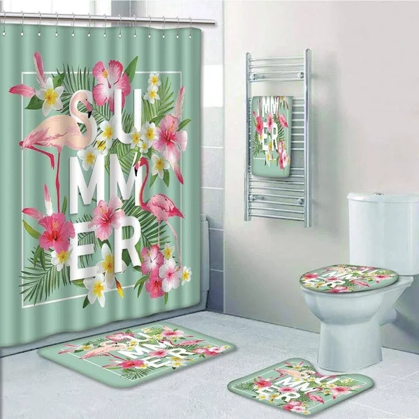 Prtau Tropical Flower with Flamingos Retro Wedding Romance Petals Mint 5 Piece Bathroom Set Shower Curtain Bath Towel Bath Rug C