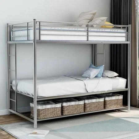 Euroco Metal Twin Over Twin Bunk Bed Frame with Storage Shelf - Silver