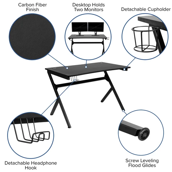 Flash Furniture Black Gaming Desk and Blue and Black Racing Chair Set with Cup Holder, Headphone Hook & 2 Wire Management Ho