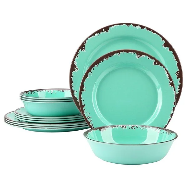 Rustic Melamine Dinnerware Set 12 Pcs Yinshine Outdoor Camper Dishes Service for 4 Green