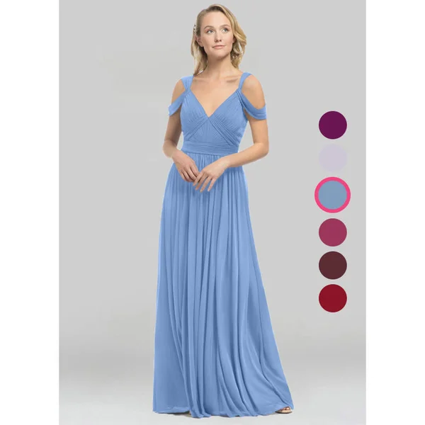 Azazie A-Line/Princess V-Neck Floor-Length Mesh Bridesmaid Dresses - Steel Blue
