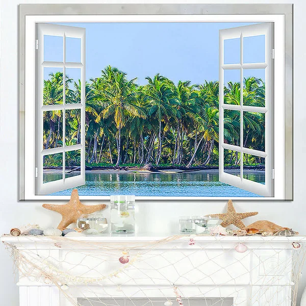 Design Art Open Window to Seashore Palms Graphic Art on Wrapped Canvas, Blue