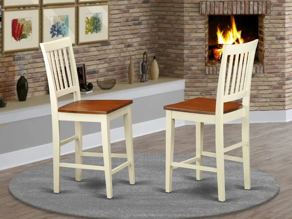 East West Furniture Vernon Counter Height Stools with Wood Seat - Buttermilk & Cherry Finish., Set of 2