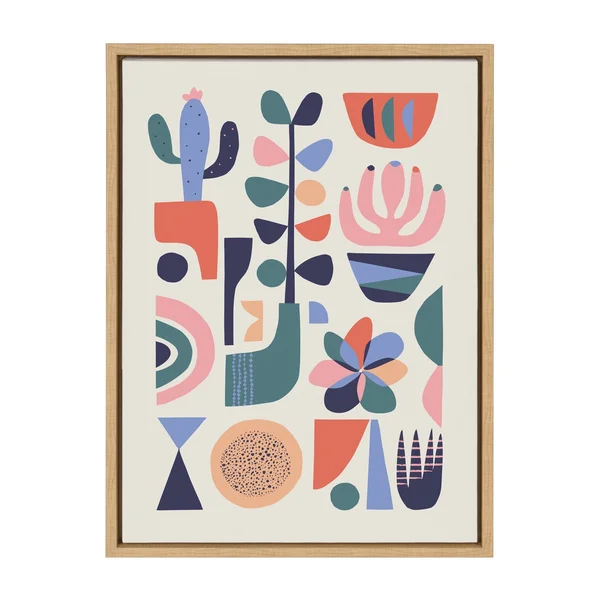 Kate and Laurel Sylvie Mid-Century Succulents Framed Canvas Wall Art by Rachel Lee, 18x24 Natural, Abstract Wall Decor