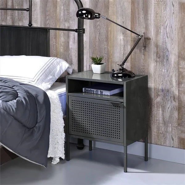 Bowery Hill Open Metal Shelf Nightstand with USB Port in Gray