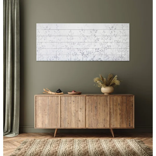 Gray Leaves 19x45 inch Print on Planked Wood Wall Art