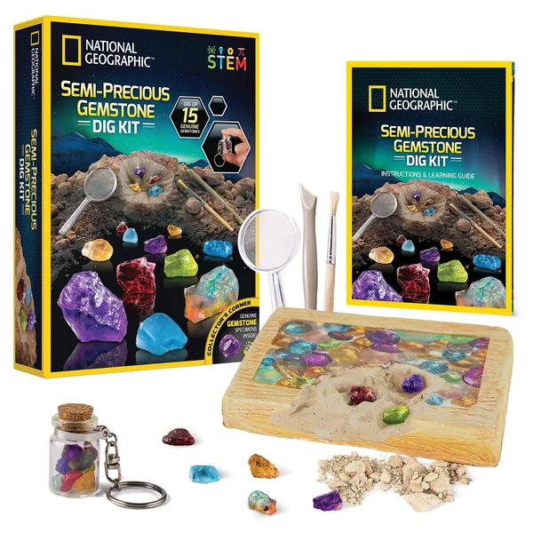 National Geographic Semi-Precious Gemstone Dig Kit - Stem Digging Kit with 15 Semi-Precious Gemstones - Including Amethyst, Garne