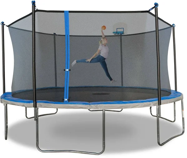 TruJump 15& Trampoline with Enclosure and Airdunk Basketball System in Blue