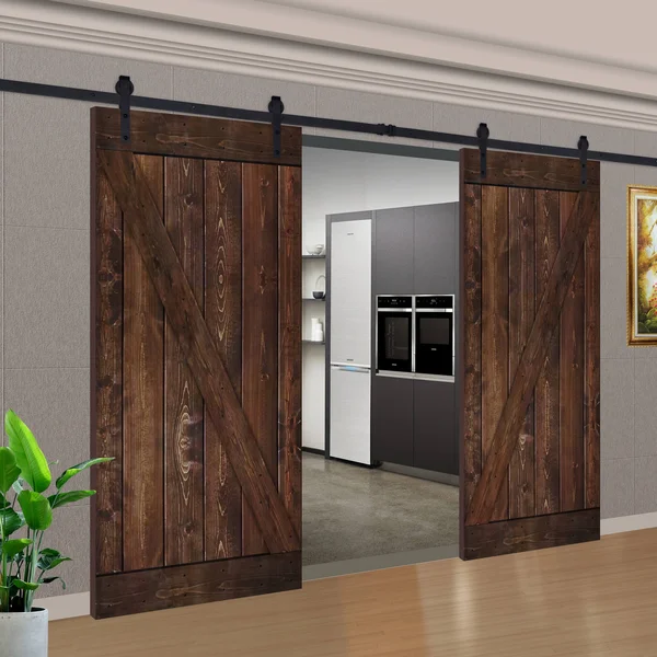 Akicon DZ Series 72 in. x 84 in. 12-Panel Dark Brown Painted Wood Sliding Door with Installation Hardware Kit