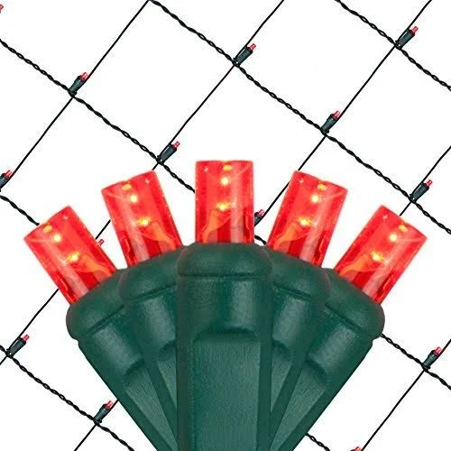 Set of 100 LED Red Net Lights - Christmas Net Lights, Outdoor Christmas Decorations, Green Wire (4 x 6 ft, 5mm Lights, Red)