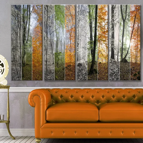 Design Art &Wood Panorama Changing Seasons& 6 Piece Photographic Print Set on Canvas, Orange