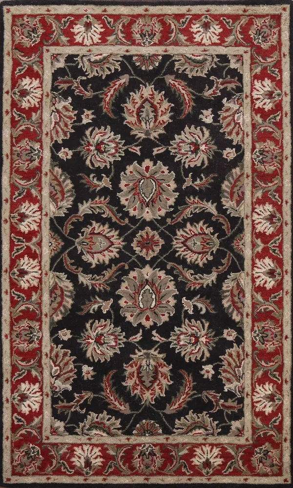 Black Traditional Floral Oriental Area Rug Hand-Tufted Wool Carpet 5x8, Size: 5' x 8'