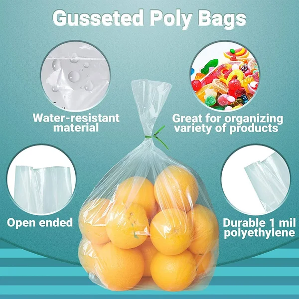 1000 Pack Clear Jumbo Gusseted Poly Bags 10x22 x 4x22 x 20x22 1 Mil