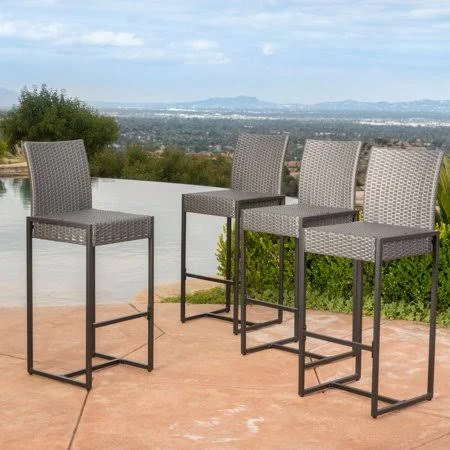 Noble House Taliyah Black Wicker Outdoor Bar Stool (4-Pack)