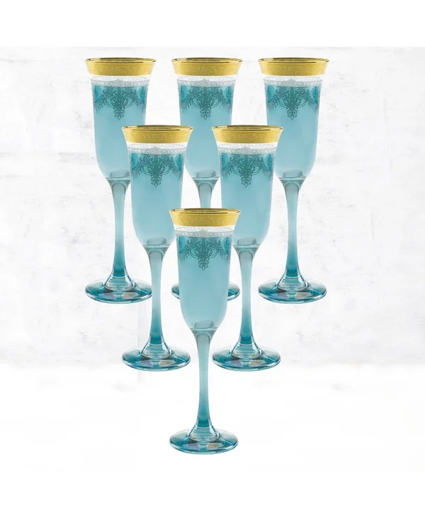Lorren Home Trends Blue Flutes with Gold Band (Set of 6)