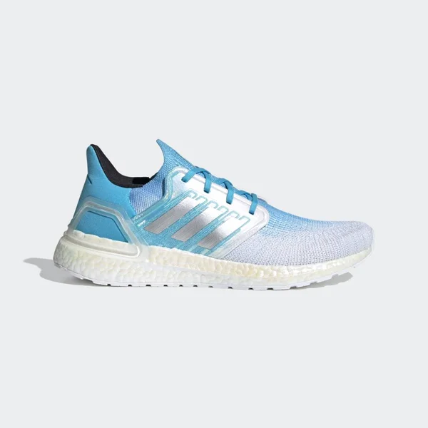Adidas Ultraboost 20 White/Silver/Signal Cyan Men's Running Shoes, Size: 11.5