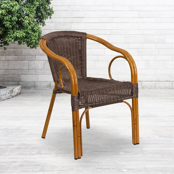 Dark Brown Rattan Restaurant Patio Chair with Red Bamboo-Aluminum Frame