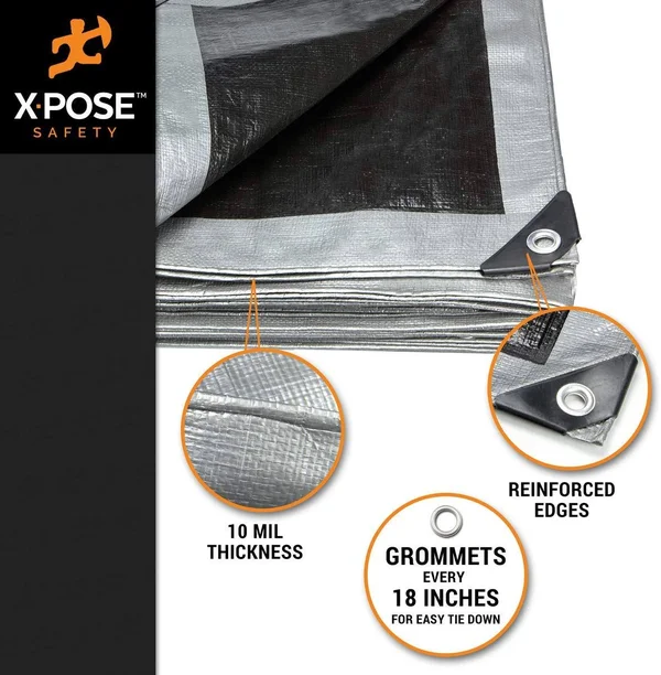 Xpose Safety Heavy Duty Poly Tarp - 15& x 30& - 10 Mil Thick Waterproof - UV Blocking Protective Cover - Reversible Silver and Bl
