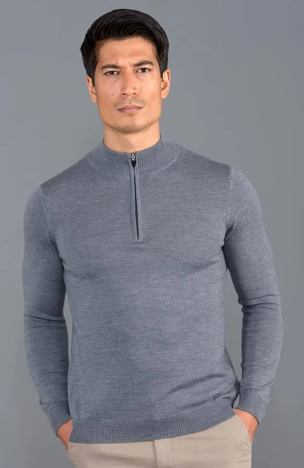 Mens Extra Fine Merino Wool Quarter Zip Jumper, Mid Grey, XL