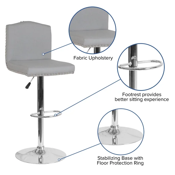 Bellagio Contemporary Adjustable Height Barstool with Accent Nail TRIM, Light Gray Fabric