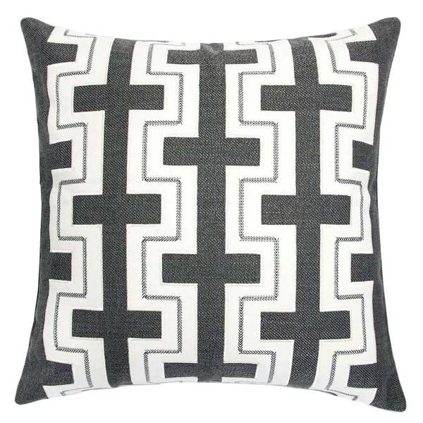 Benjara 20 x 20 Inches Embroidered Pillow with Fret Design - Set of 2, Black and White