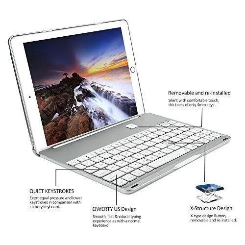 New iPad 2018 Keyboard Case, Iegrow New F8S 7 Colors LED Backlit iPad Keyboard with Protective Case Cover (Silver)