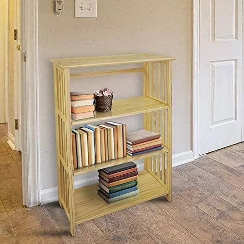Unknown1 4 Shelf Folding Bookcase 26x22 Wide Natural Yellow Mid Century Modern Pine Wood Finish Foldable Stackable