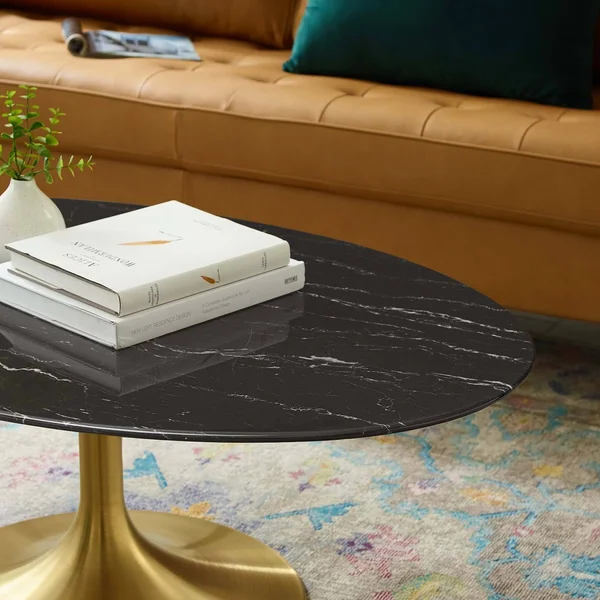 Modway Gold Black Lippa 42x22 Oval Artificial Marble Coffee Table