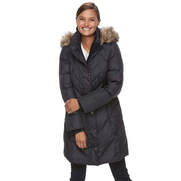 Women's Tower by London Fog Faux-Fur Hood Down-Fill Coat, Size: Medium, Blue