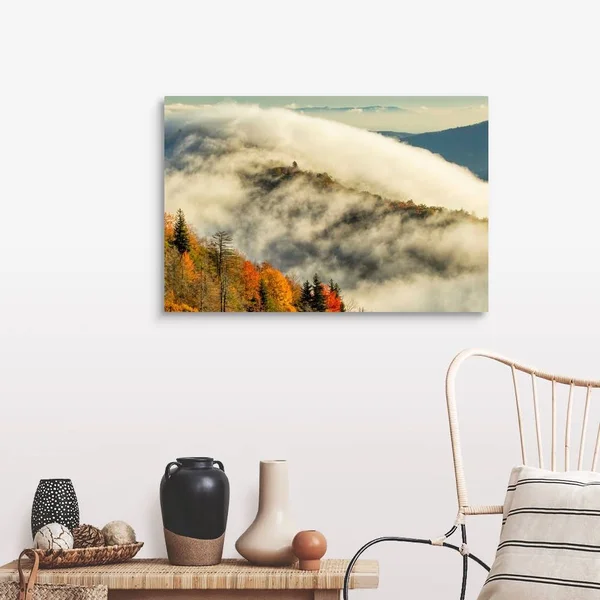 Autumn Colors and Mist at Sunrise - Blue Ridge Mountains at Sunrise, North Carolina, Canvas Wall Art, 36x24, Great Big Canvas
