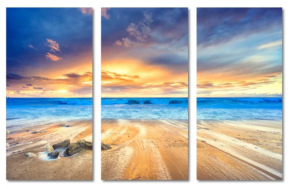 36 x 24 - Gorgeous Beach Sunset Canvas Print Wall Art. 3 Panel Split - Triptych Decoration for Home or Office