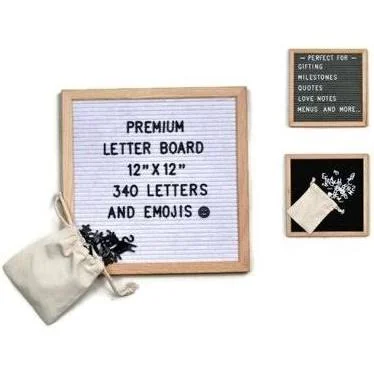 Letterboard 12 inch x 12 inch Felt Oak Framed with 340 Letters with Emojis, Black
