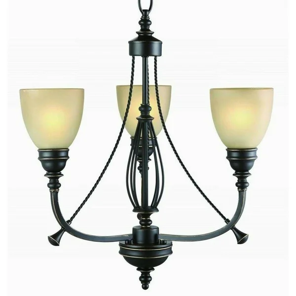 Commercial Electric 3-Light Bronze Chandelier with Tea Stained Glass Shades