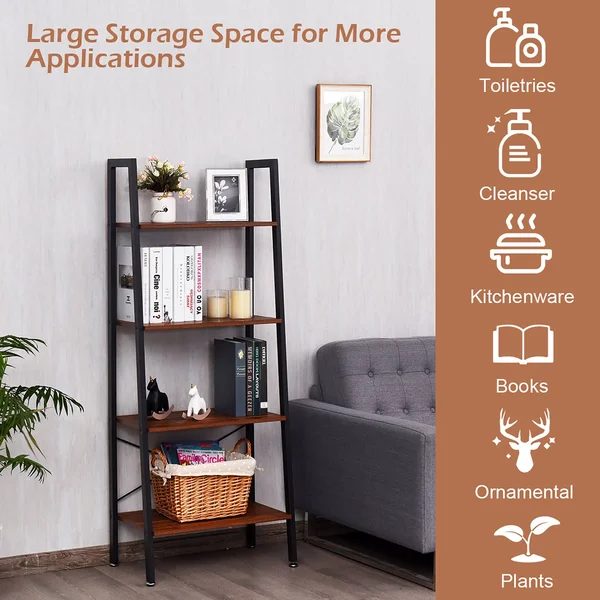 4-Tier Ladder Shelf Bookcase Storage and Display Rack - Black/Brown