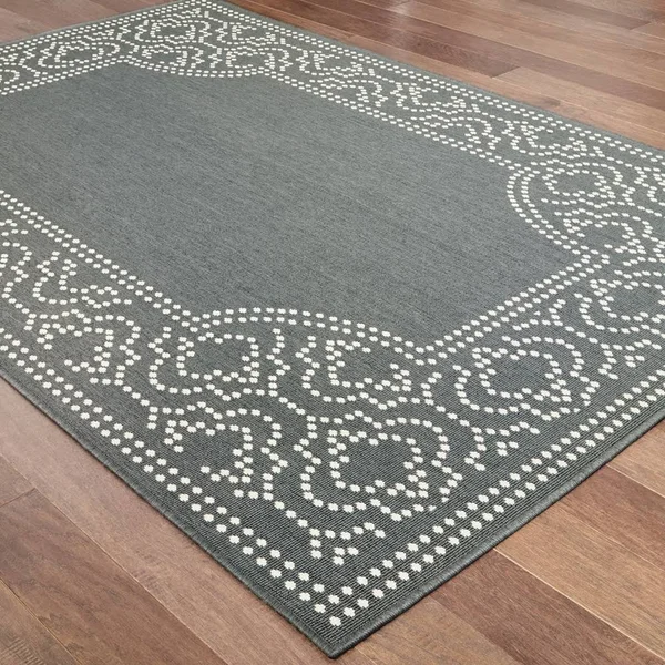 Style Haven Updated Border Black/ Ivory Loop Pile Indoor-Outdoor Area Rug - 7&10 inch Round