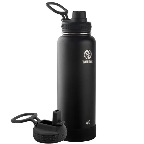 Takeya USA Actives Dual Lid Bundle - Spout Bottle with Straw Lid 40oz in Onyx Black