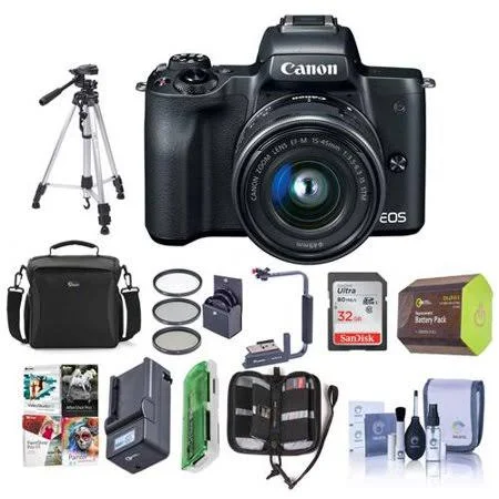 Canon Eos M50 Mirrorless Camera with EF-M 15-45mm f/3.5-6.3 Is STM Lens - Black - Bundle with 32GB SDHC Card, Camera Case, Tripod