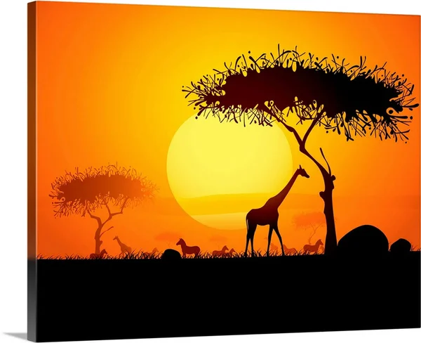 Sunset in Africa, with Silhouetted Animals and Trees, Large Solid-Faced Canvas Wall Art Print, Great Big Canvas
