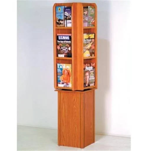 Vertex Divulge Spinning Floor Display 12 Magazine and 24 Brochure Pockets with Brochure Inserts in Medium Oak VE142407