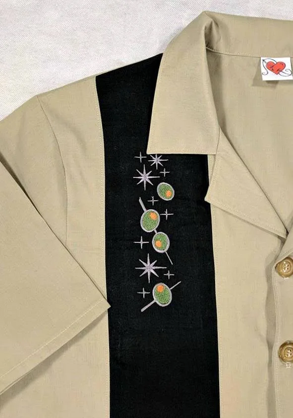 Mens Bowling Shirt, Cocktail, Martini, Lounge Lizard, Retro, Rockabilly, Embroidered