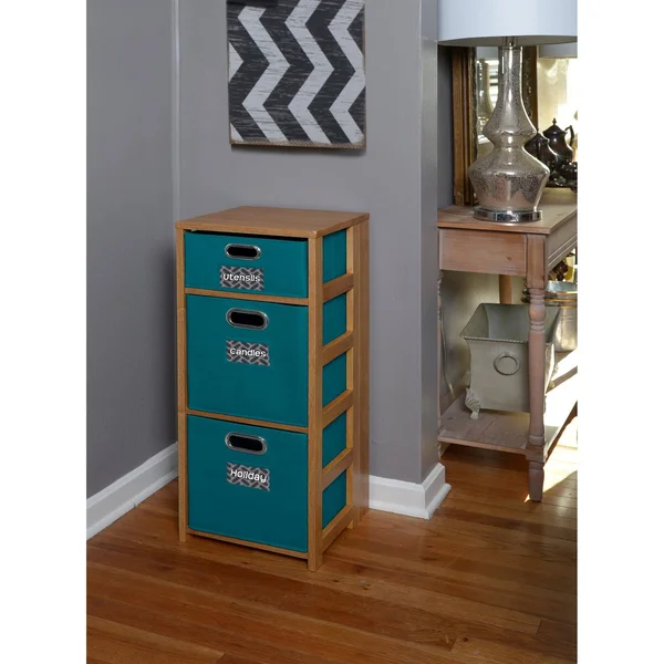 Fairway 34x22 Square Folding Bookcase with Folding Fabric Bins- Medium Oak/Teal
