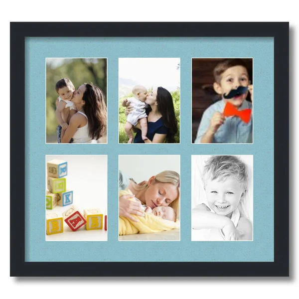 Collage Picture Frame - Satin Black Frame with 6 openings for 5x7 Photos with French Blue Mat. D3926FB2041, ArtToFrames