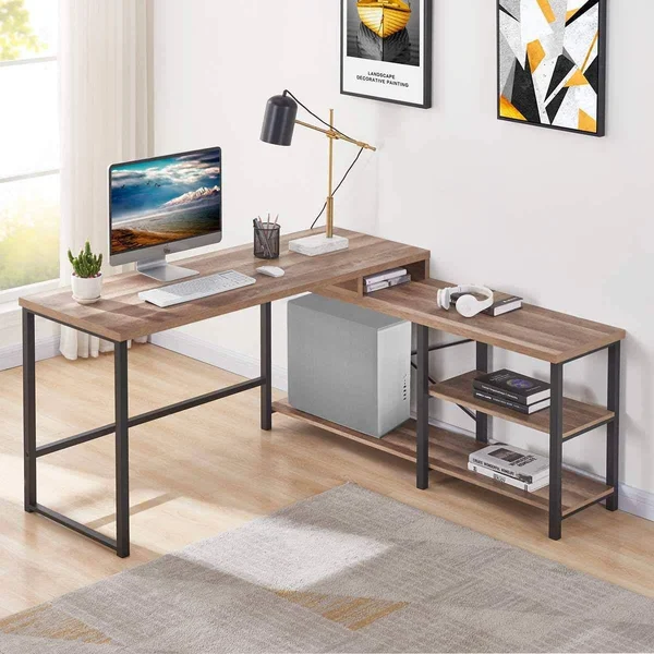 Bon Augure L Shaped Desk with Shelves - Reversible Corner Computer Desk, Rustic W