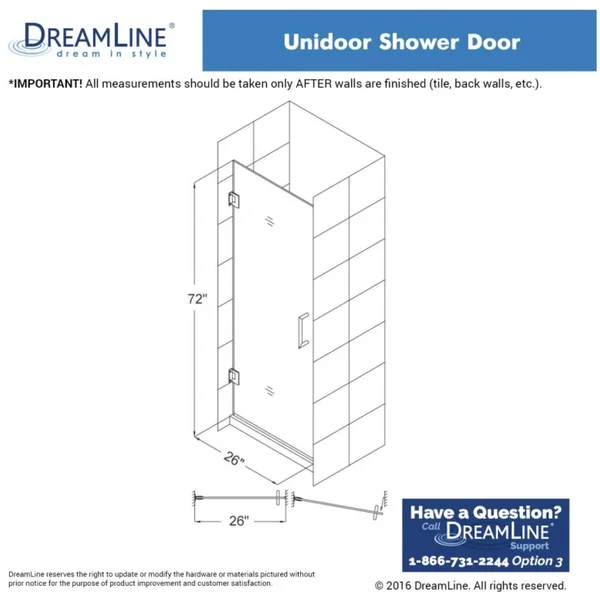 DreamLine SHDR-20267210F-04 Unidoor 26 in. W x 72 in. H Frameless Hinged Shower Door Brushed Nickel