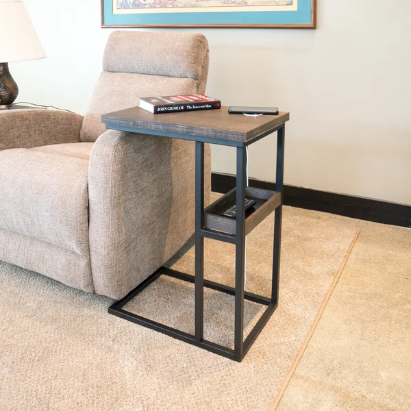 Solid Bamboo Steel Frame C-Table with Tray & Wireless USB Charger (Brushed Brown)
