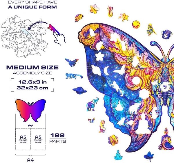 Unidragon Wooden Puzzle Jigsaw, Best Gift for Adults and Kids, Unique Shape Jigsaw Pieces Intergalaxy Butterfly, 12.6 x 9 in (32